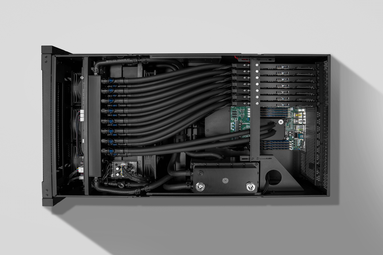 Top-downview of the EK Fluid Works X7000-RM with 7 NVIDIA A100 GPUs