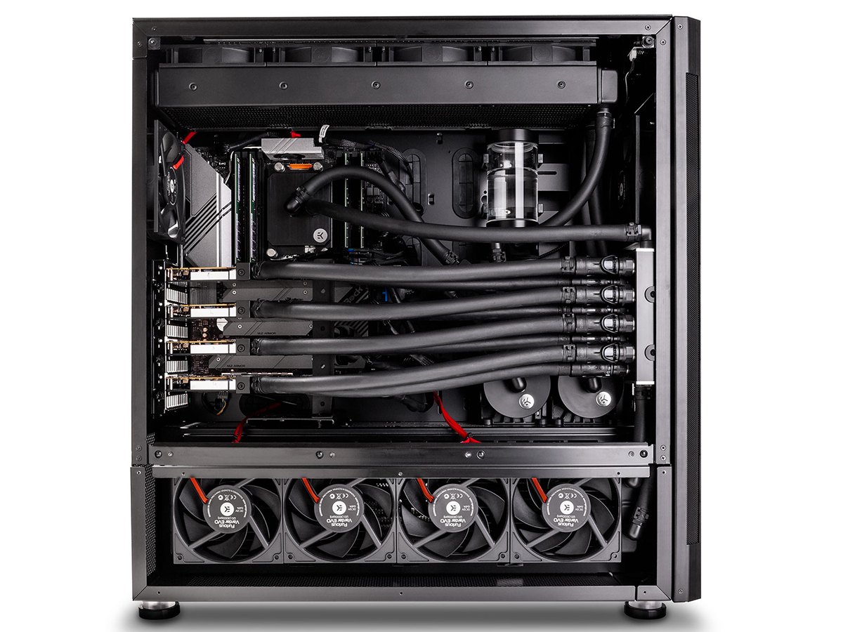 Ek Fluid Works Studio Series S5000 with 4 GPUs and AMD CPU, all water-cooled.