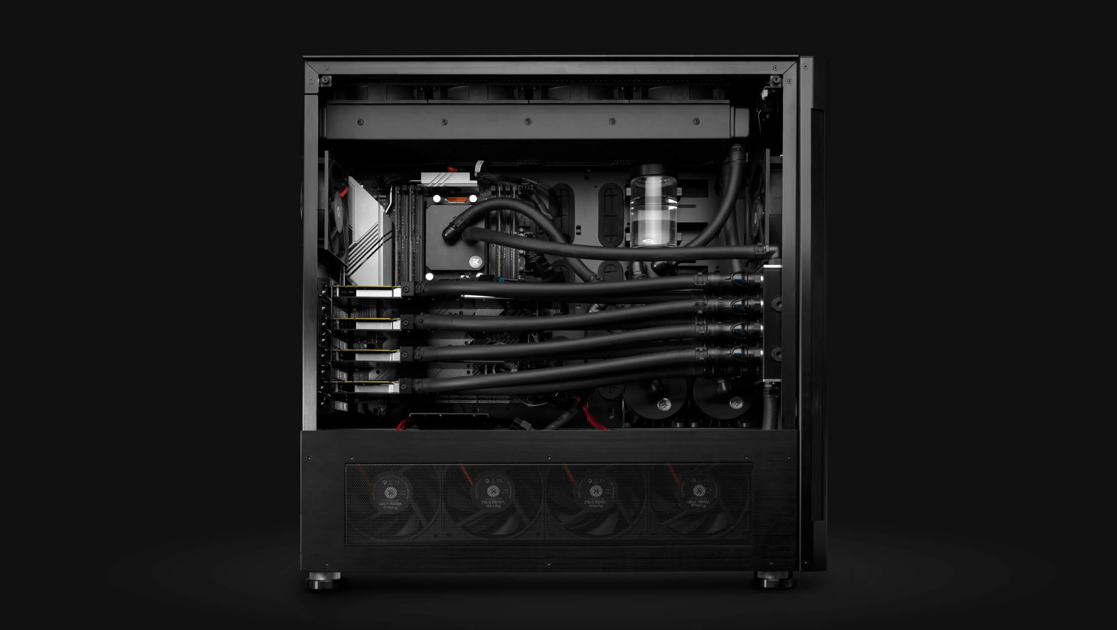 EK Fluid Works Studio Series S5000 with AMD Threadripper CPU, 4 liquid-cooled GPUs, dual D5 pumps silently cooled with dual 480mm radiators.