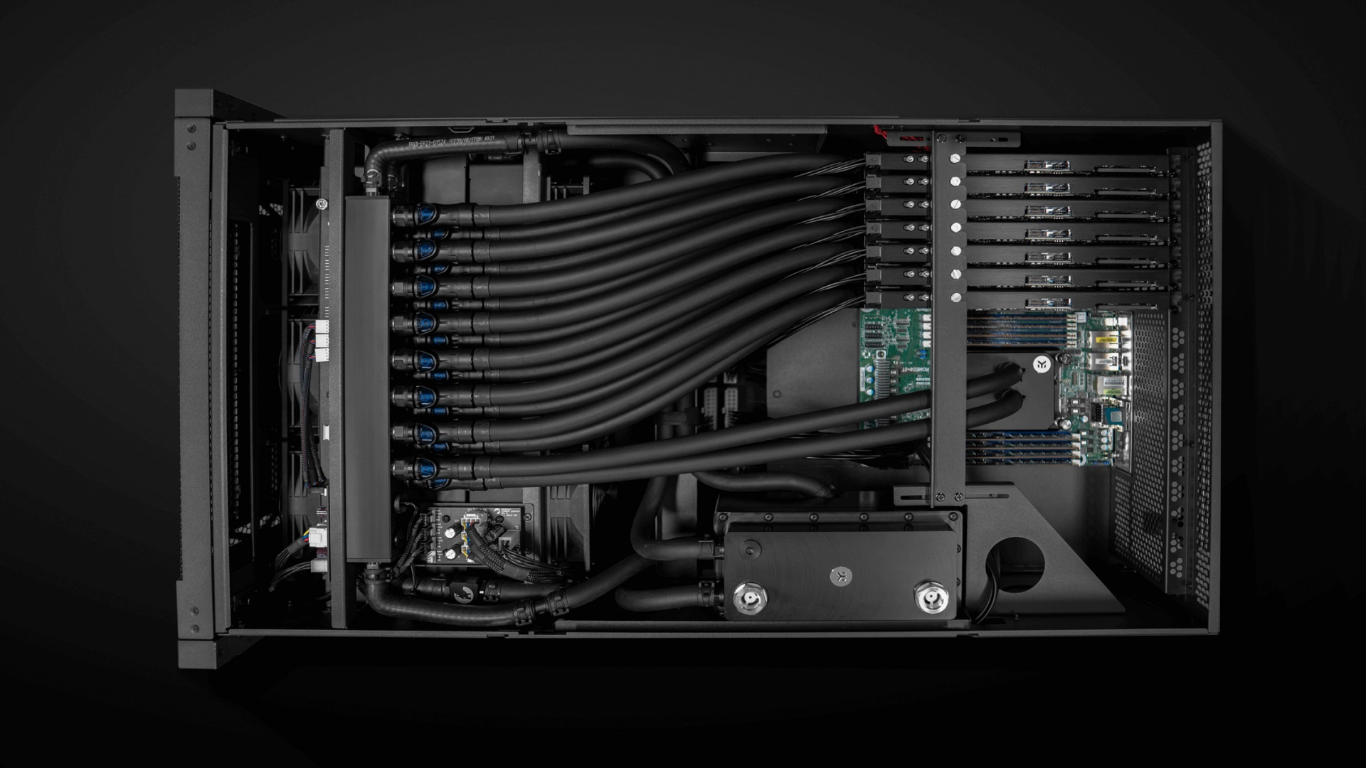 EK Fluid Works Compute Series X7000-RM rackmount server with 7 liquid-cooled GPUs