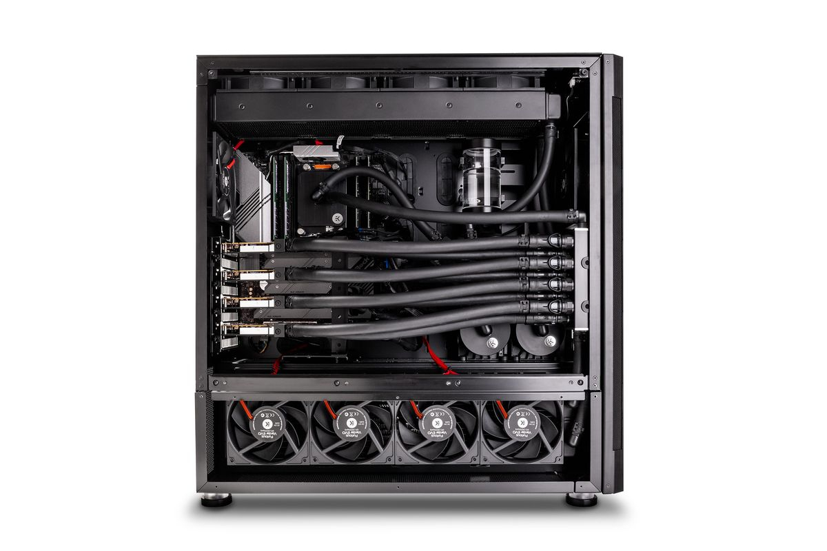 EK Fluid Works Studio Series S5000 liquid-cooled workstation with quad GPUs