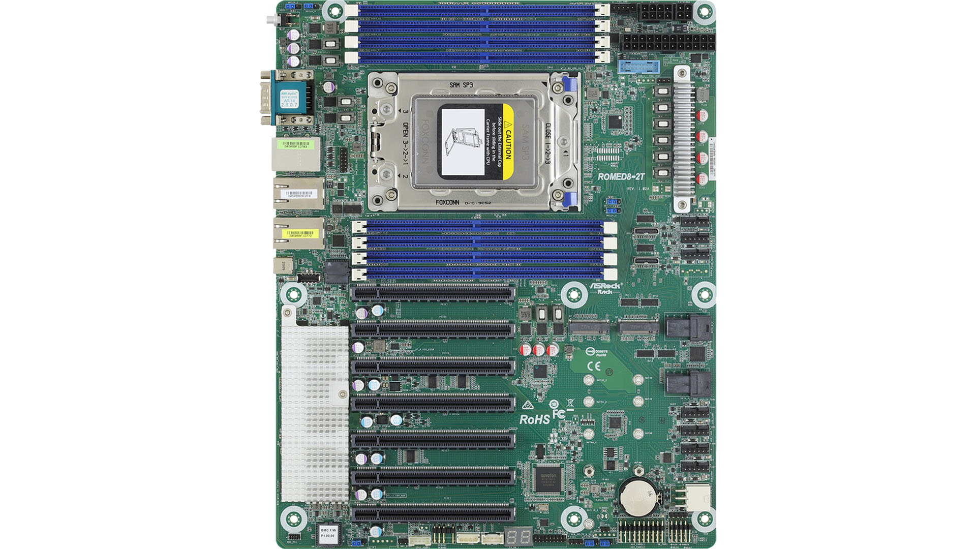 AsRock ROMED8-2T ATX motherboard with 7 x16 PCIe slots